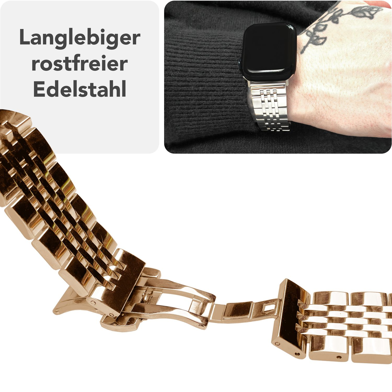 Goldenes Uhrenarmband mit Text über Edelstahl. Uhr am Handgelenk im Inset.