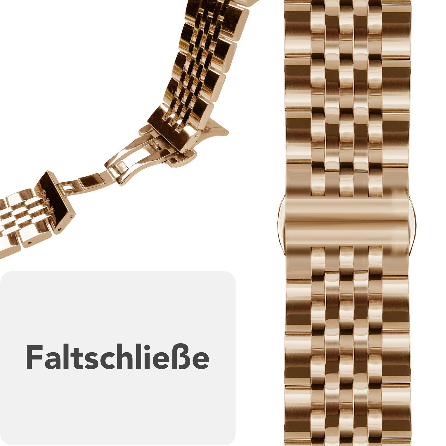 Goldenes Uhrenarmband mit Schnalle und Schachbrettmuster.