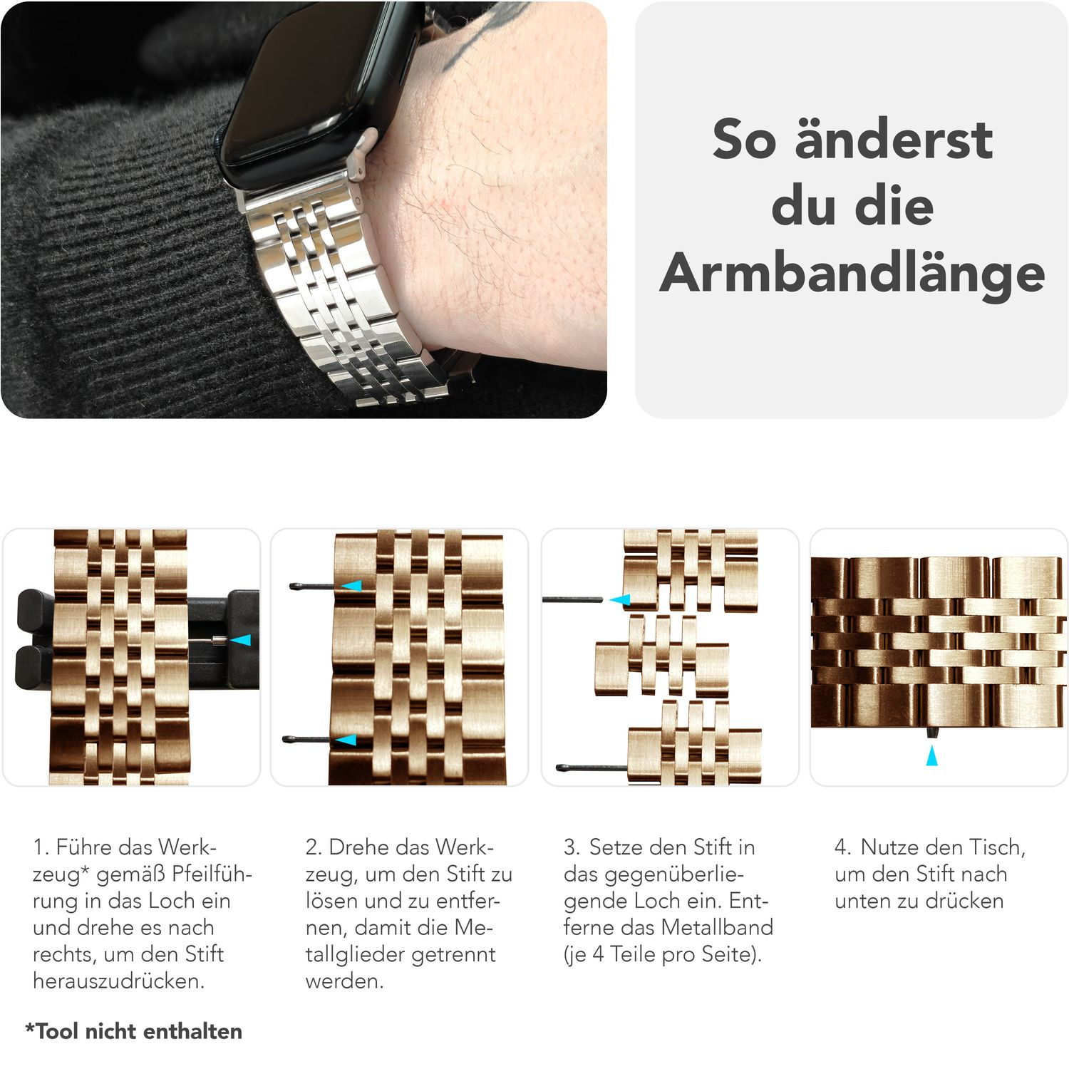 Anweisungen zum Ändern der Länge eines goldenen Uhrenarmbands.