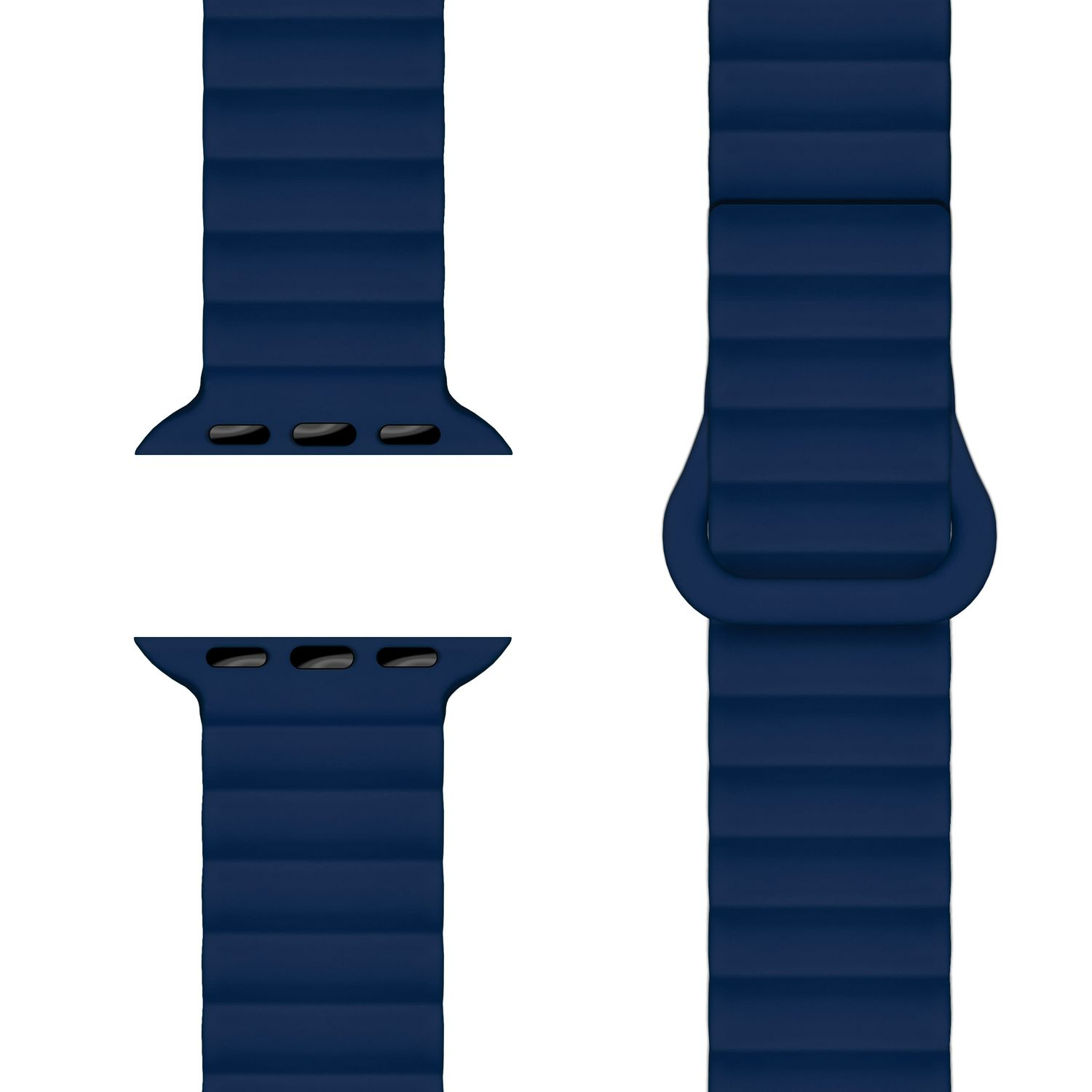 Blaue Uhrenarmbandteile mit schwarzen Anschlusslöchern.