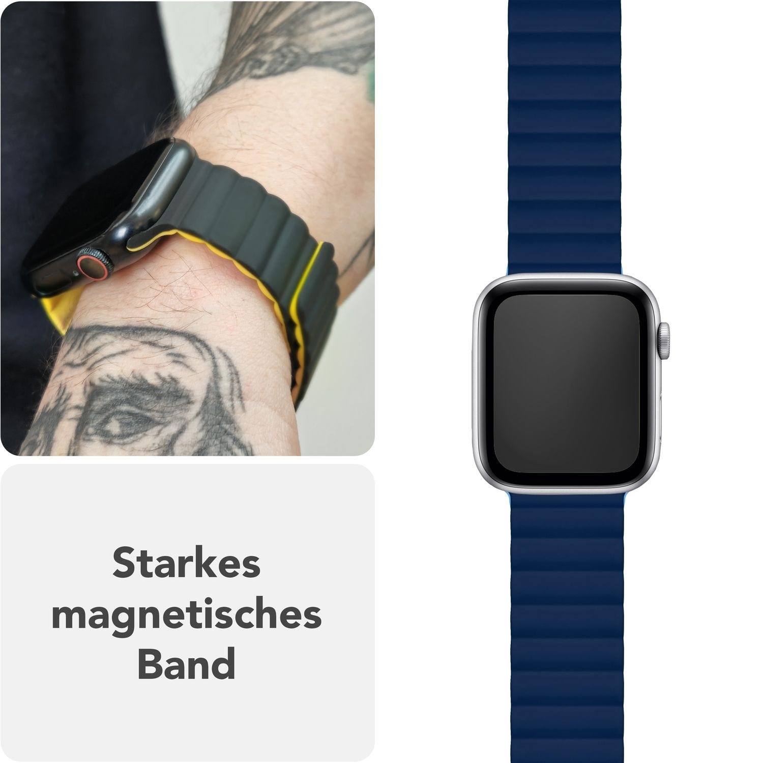 Ein blaues und schwarzes Uhrenarmband am Handgelenk.