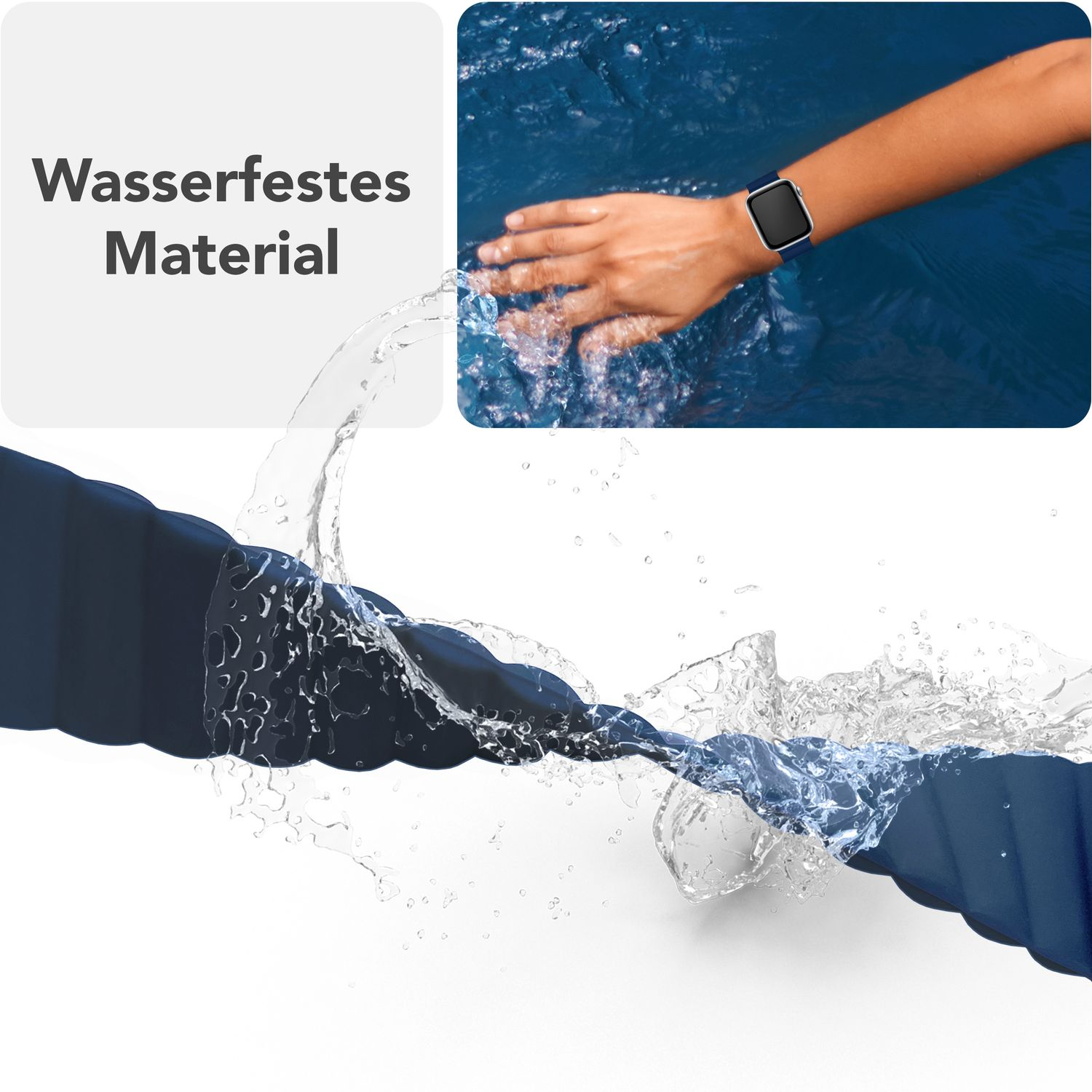 Ein blaues Uhrenarmband mit Wasserspritzern. Eine Hand mit der Uhr ist in der oberen rechten Ecke.