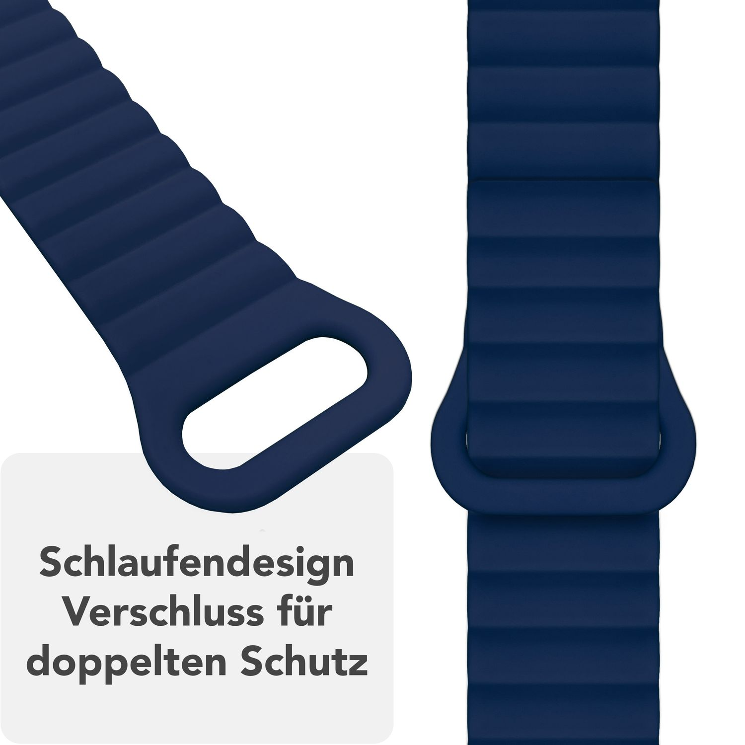 Zwei dunkelblaue Uhrenarmbänder mit Schlaufendesign. Eines ist vollständig sichtbar, das andere teilweise.