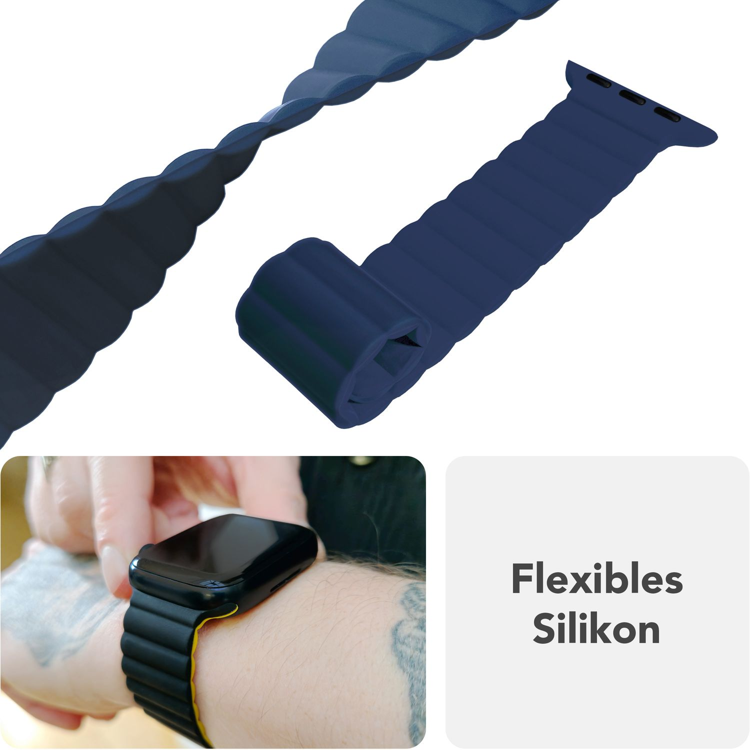 Blaues, flexibles Uhrenarmband. Text: 'Flexibles Silikon'. Uhr am Handgelenk.