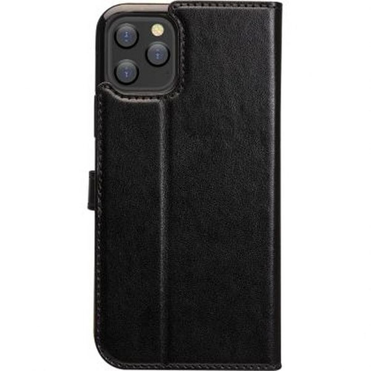 Custodia nera per telefono con tre fori per fotocamera e bottone nero.