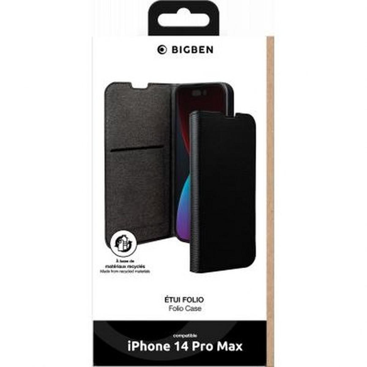 Scatola con custodia per telefono. La custodia è nera. Testo: 'Folio Case' e 'iPhone 14 Pro Max'.