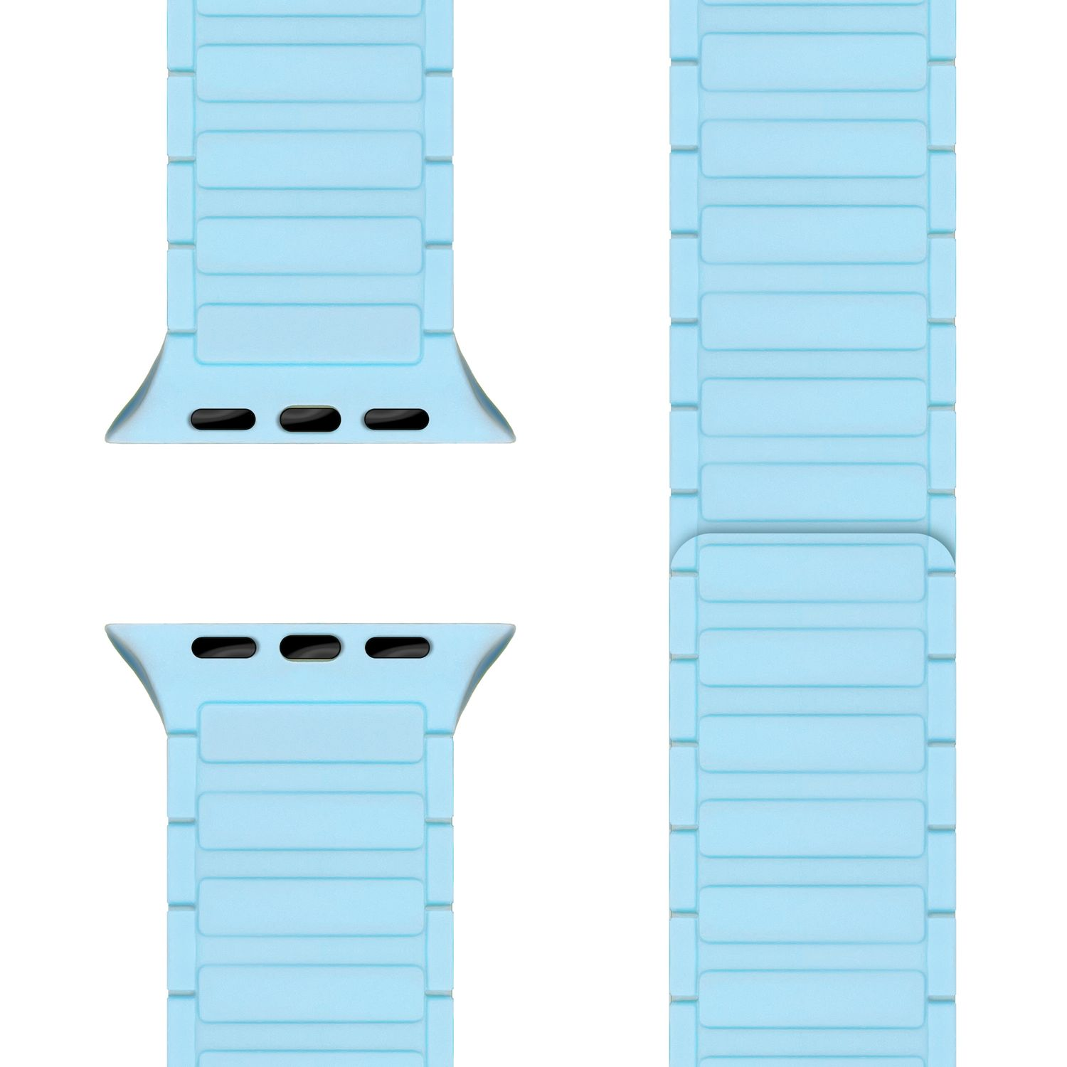 Zwei hellblaue Uhrenarmbänder. Die Armbänder haben einen Magnetverschluss.