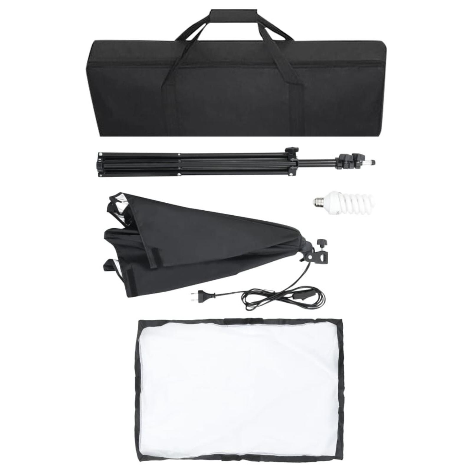 Schwarzes Softbox-Kit, mit Lichtstativ, Glühbirne und Netzkabel.