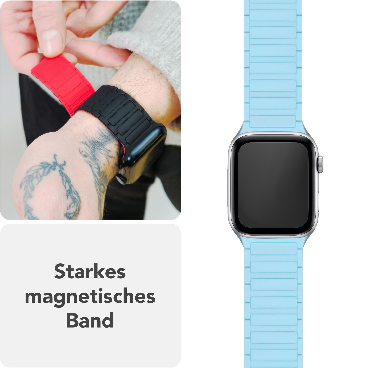 Eine Uhr mit hellblauem Armband wird mit dem Text 'Starkes magnetisches Band' gezeigt. Eine Person befestigt ein rotes Band.