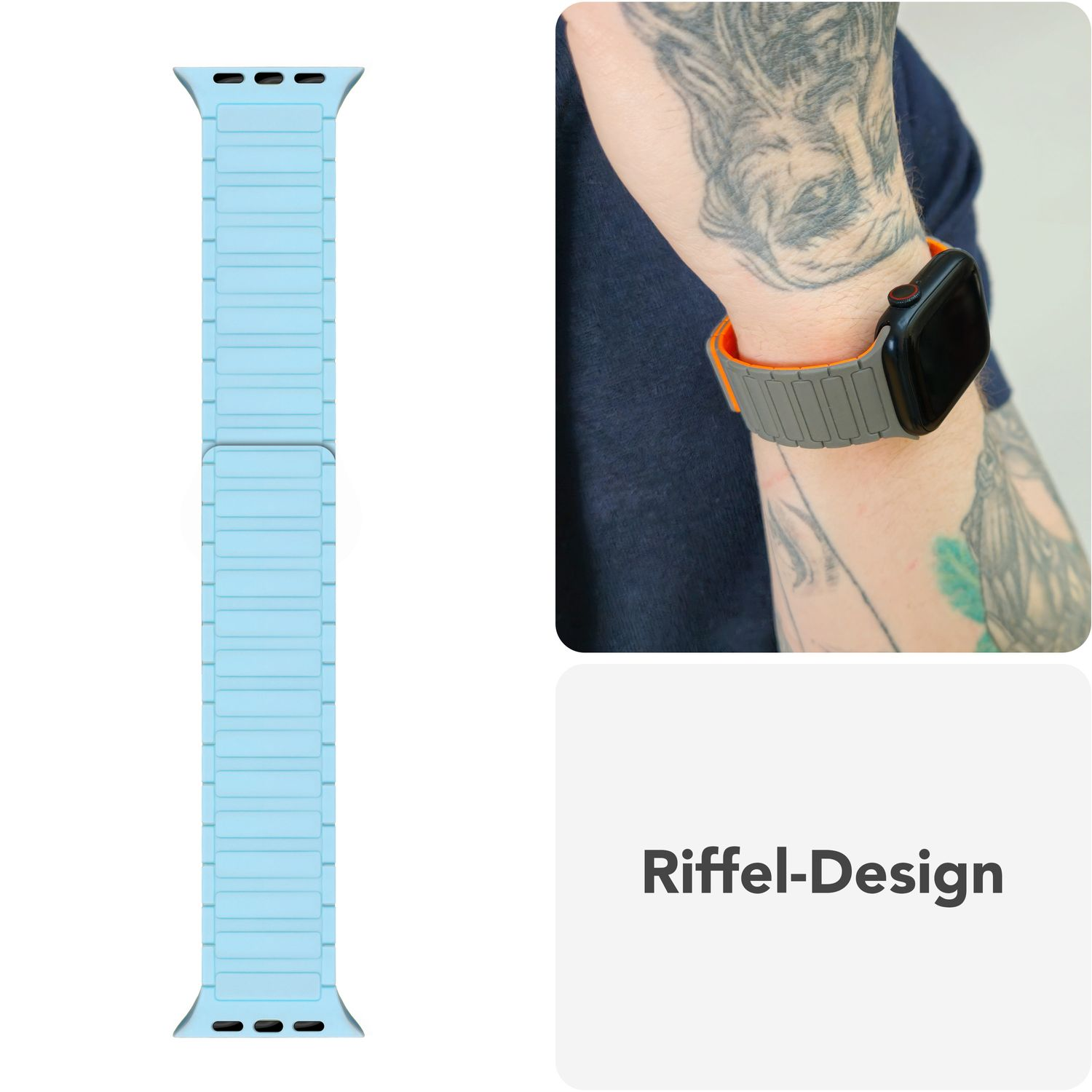 Ein hellblaues Uhrenarmband mit Magnetverschluss, am Handgelenk mit Uhr gezeigt.