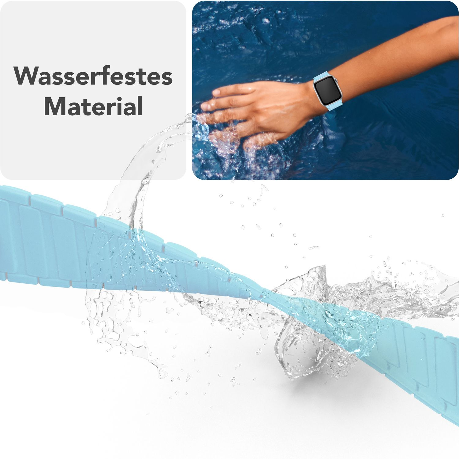 Blaues Uhrenarmband mit Wassertropfen. Text: 'Wasserdichtes Material'. Handgelenk mit Uhr.