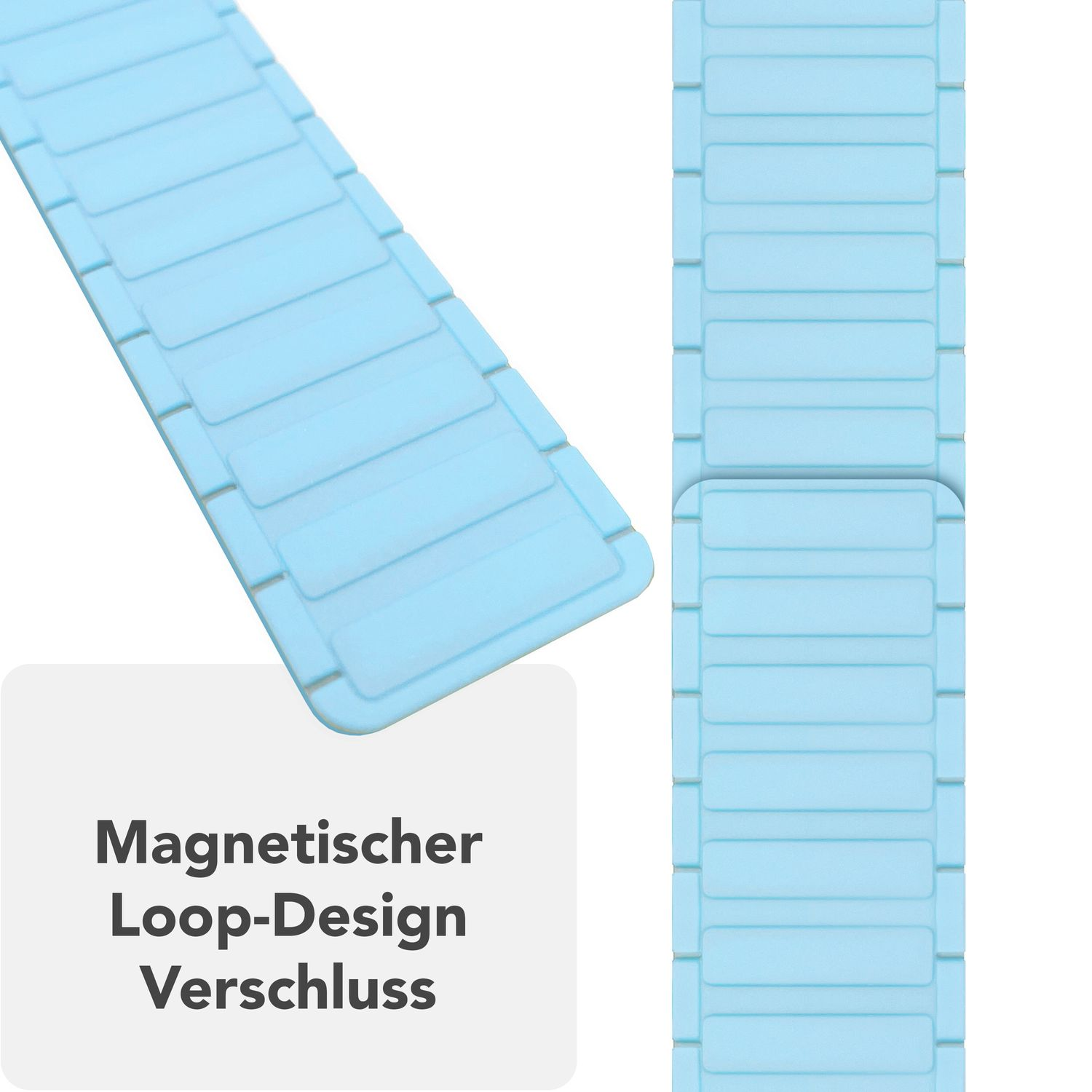 Hellblaues Uhrenarmband, magnetisches Loop-Design, Nahaufnahme eines Abschnitts.