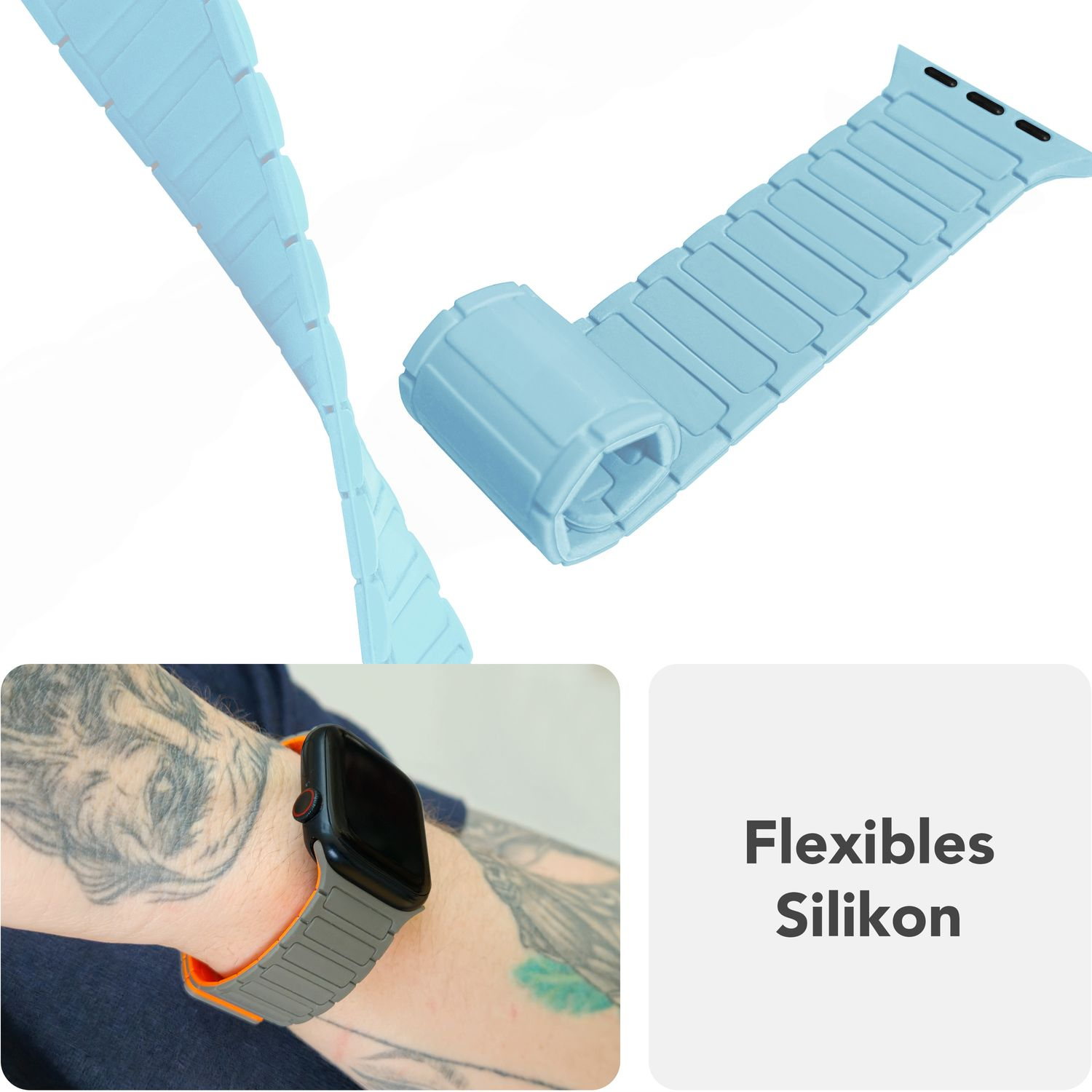 Hellblaues, flexibles Silikon-Uhrenarmband, aufgerollt und am Handgelenk. Text: 'Flexibles Silikon'.