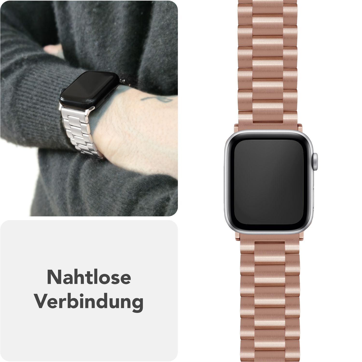 Eine Person, die eine Uhr mit einem roségoldenen Metallarmband trägt, vor weißem Hintergrund.