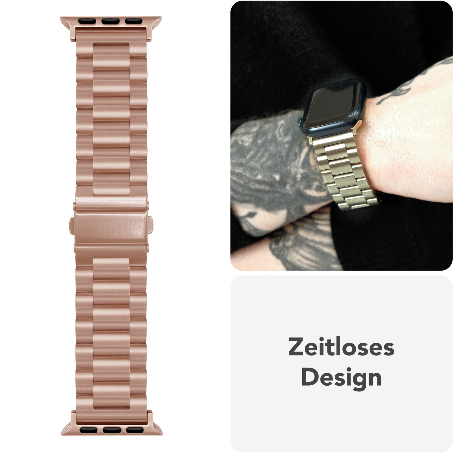 Roségoldfarbenes Uhrenarmband am Handgelenk und ein Abschnitt des Armbands. Das Band hat Glieder.