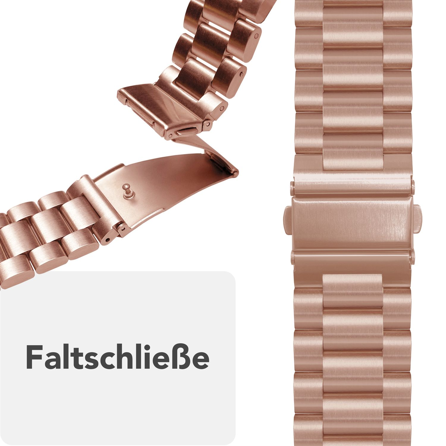 Detail des roségoldenen Uhrenarmbandverschlusses. Text: 'Faltschließe'.
