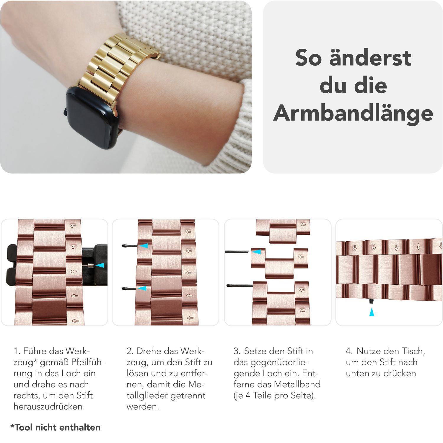 Anweisungen zum Anpassen der Armbandlänge. Vier Schritte mit Bildern und Text auf Deutsch.