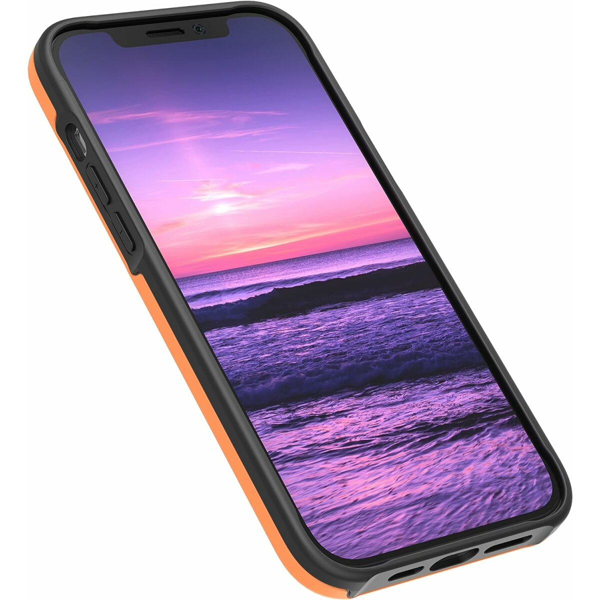 Telefon mit orangem Gehäuse ist abgewinkelt und zeigt einen Bildschirm mit Sonnenuntergang über dem Wasser. Schwarzer Rahmen.