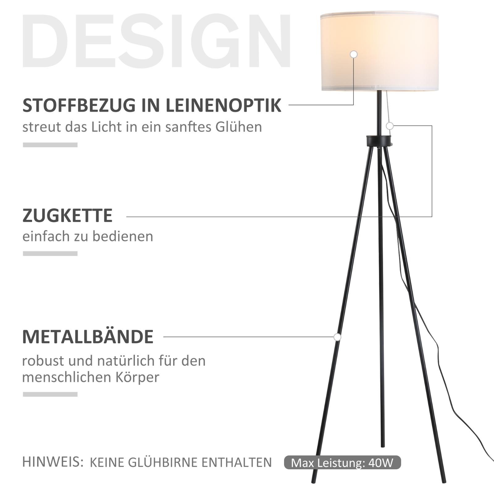 Schwarze Stativ-Stehleuchte mit weißem Lampenschirm. Textbeschriftungen und Details zum Design der Lampe.