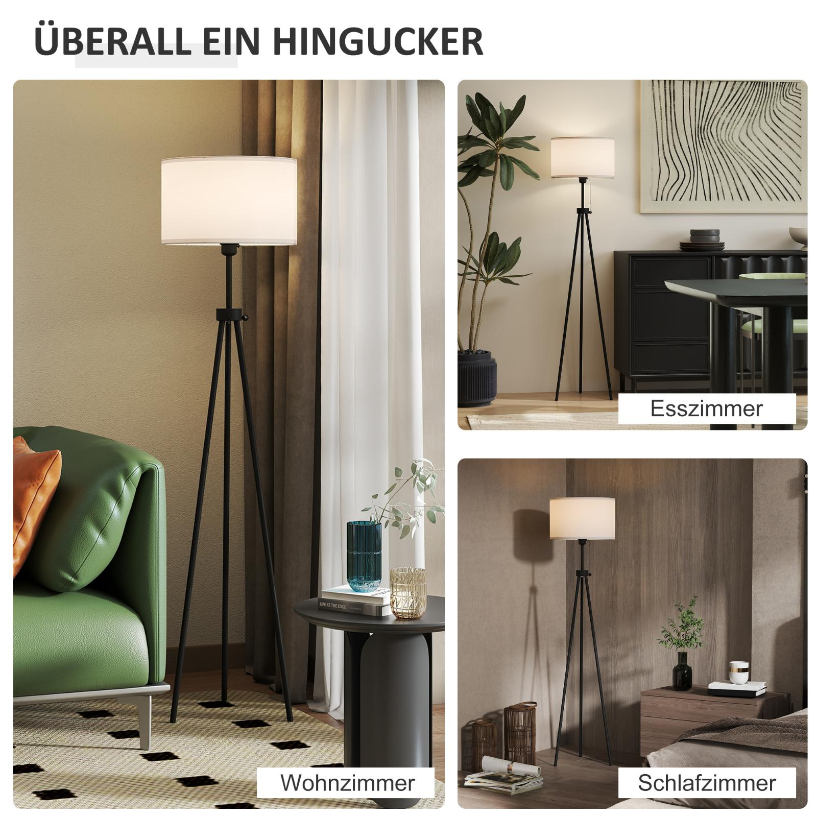 Drei Bilder von schwarzen Stativlampen in verschiedenen Räumen: Wohnzimmer, Esszimmer und Schlafzimmer. Weiße Lampenschirme.