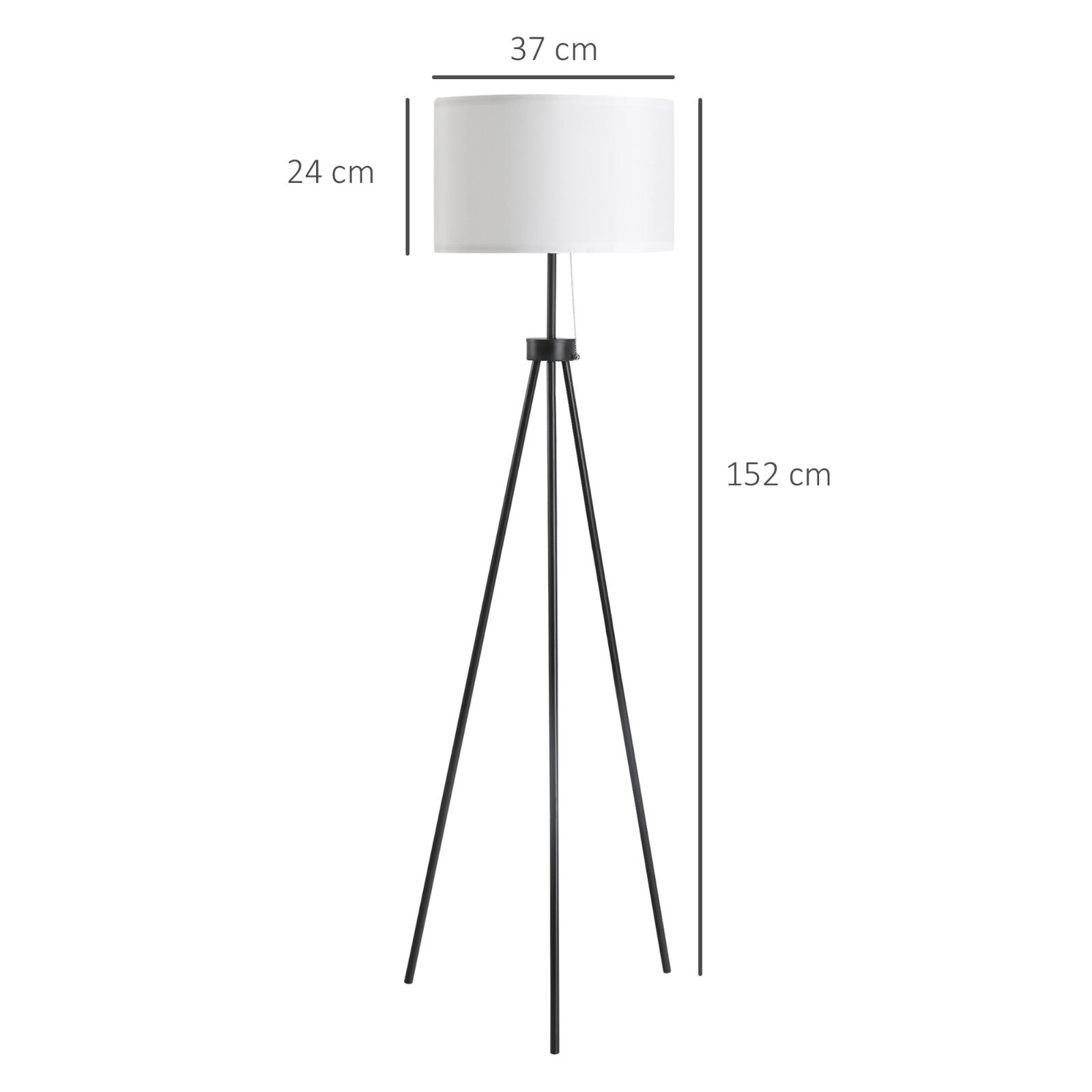 Schwarze Stativ-Stehleuchte mit weißem Lampenschirm. Maße angegeben: 152 cm Höhe, 37 cm und 24 cm.