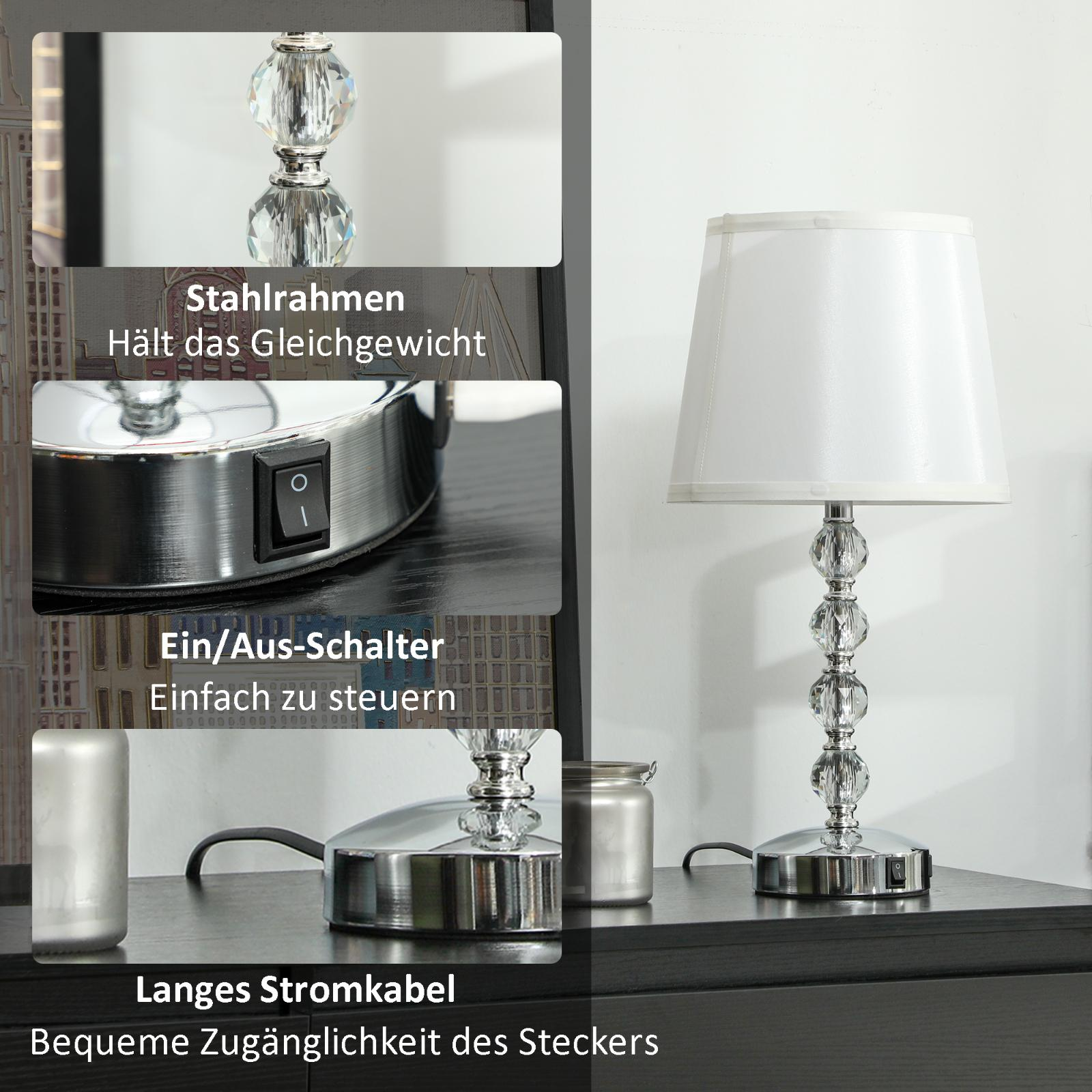 Tischlampe mit weißem Schirm und Kristallfuß. Details zu Schalter und Netzkabel sind gezeigt.