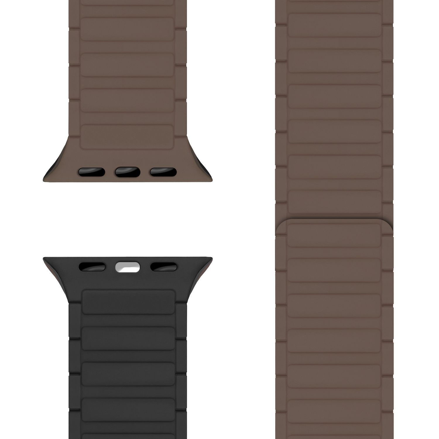 Braune und schwarze Armbänder, in Teilen. Beide sind magnetisch. Das braune ist befestigt dargestellt.