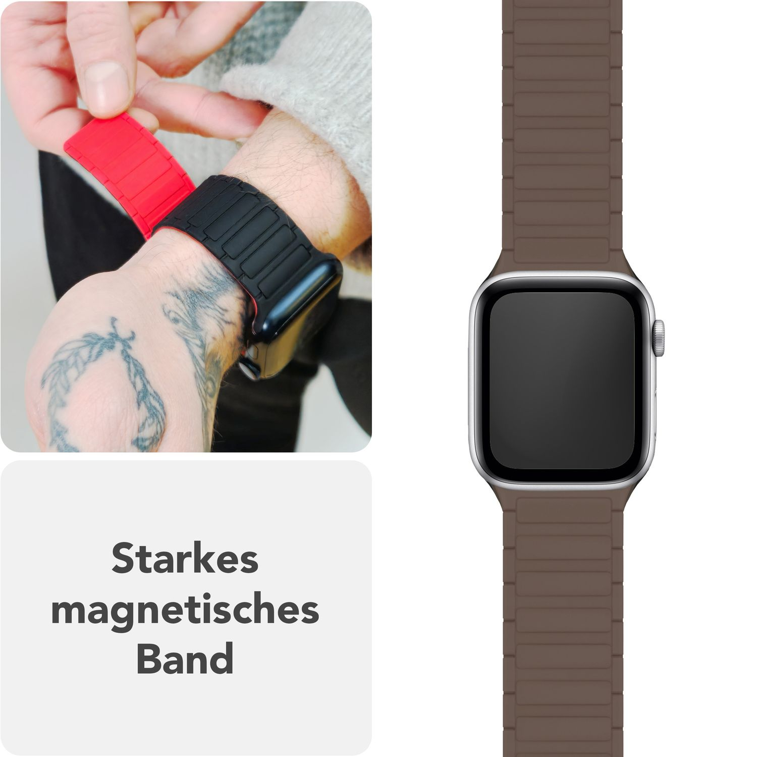 Eine Person befestigt ein rotes Uhrenarmband an einer schwarzen Uhr. Text: starkes magnetisches Band.