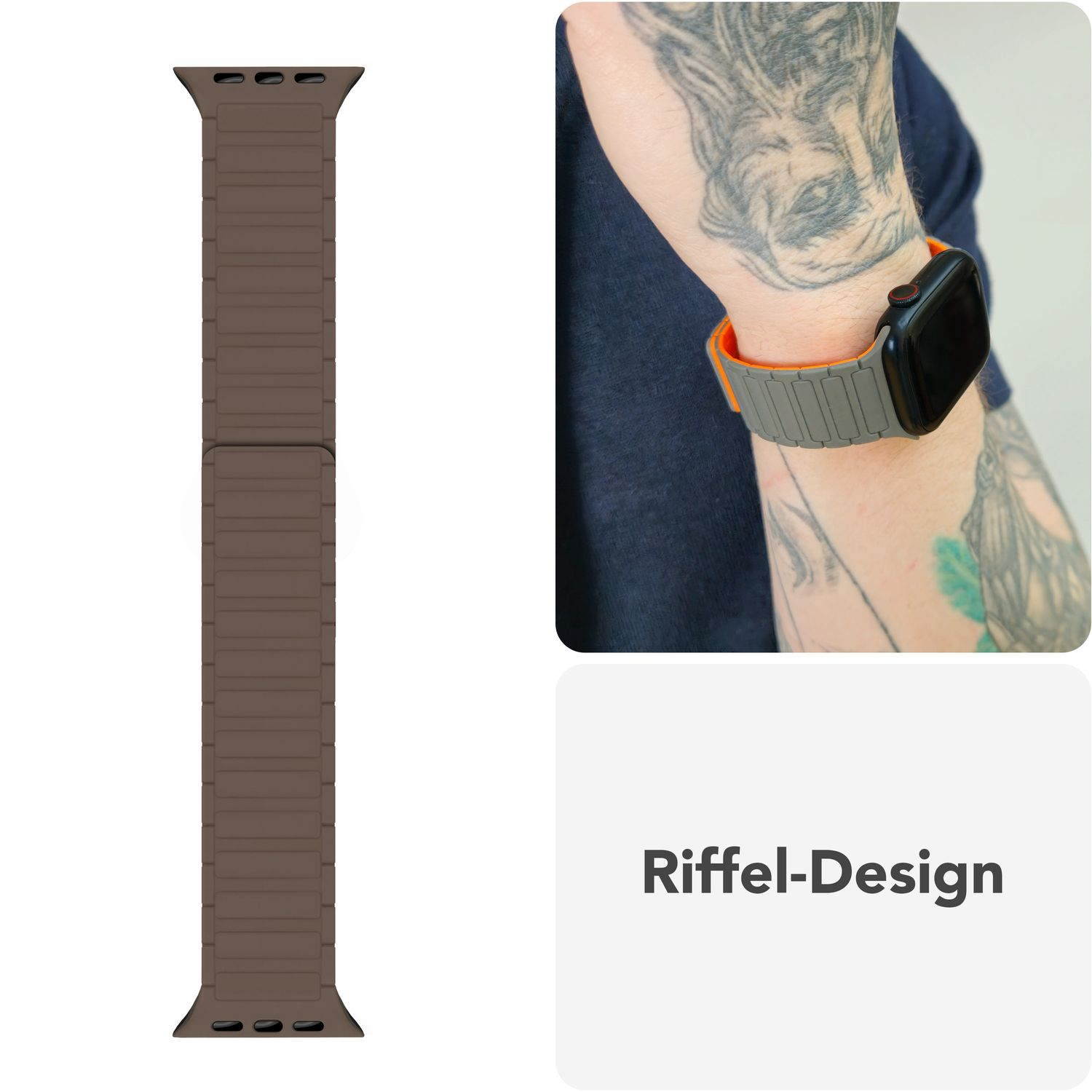 Braunes Uhrenarmband und ein Handgelenk mit orangefarbenem Armband. Text: Riffel-Design.