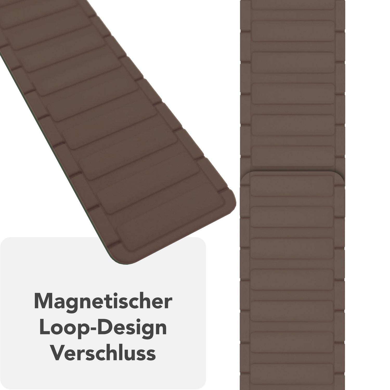 Braunes Armband mit Magnetverschluss. Text auf Deutsch.