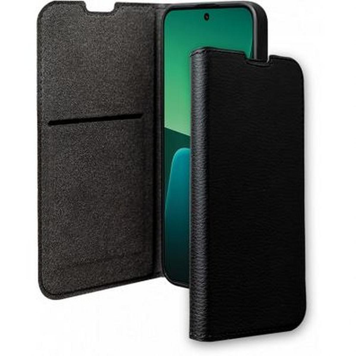 Custodia per telefono in pelle nera aperta, con un telefono verde all'interno.