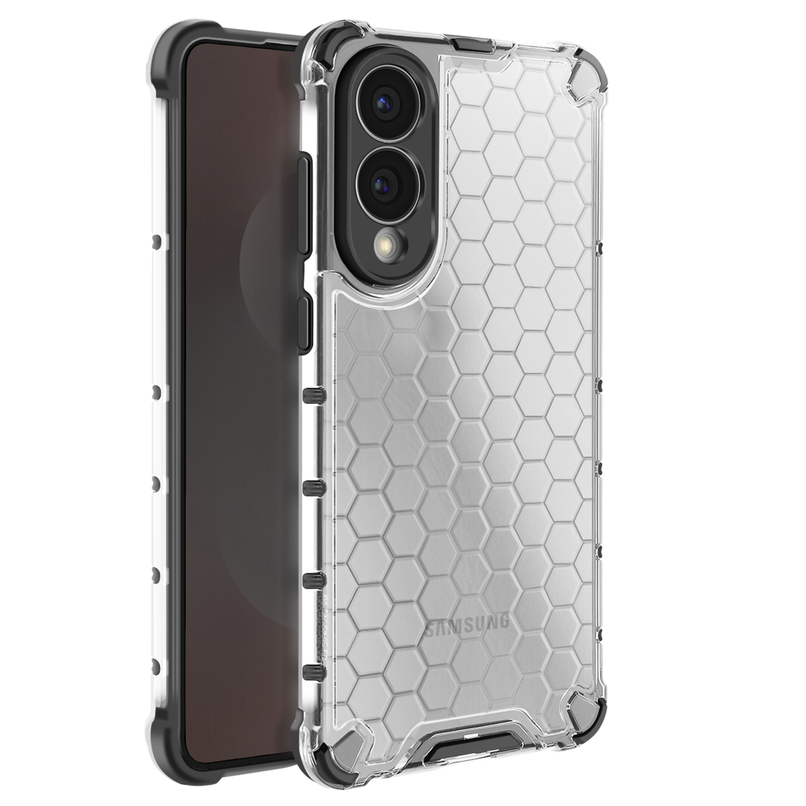 Uno smartphone all'interno di una custodia protettiva, con motivo a nido d'ape sul retro.