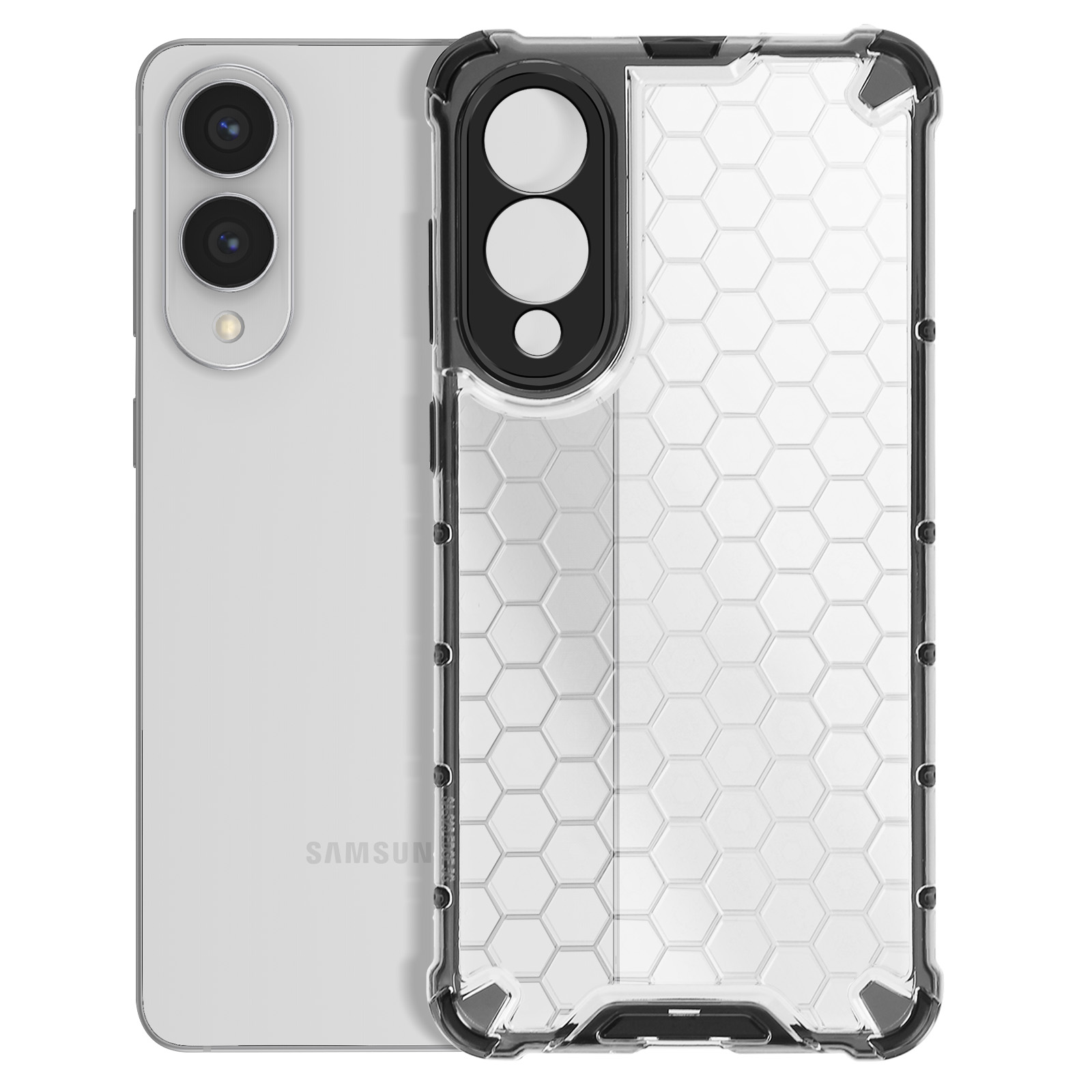 Uno smartphone bianco con una custodia protettiva trasparente, che mostra il retro e il motivo a nido d'ape della custodia.