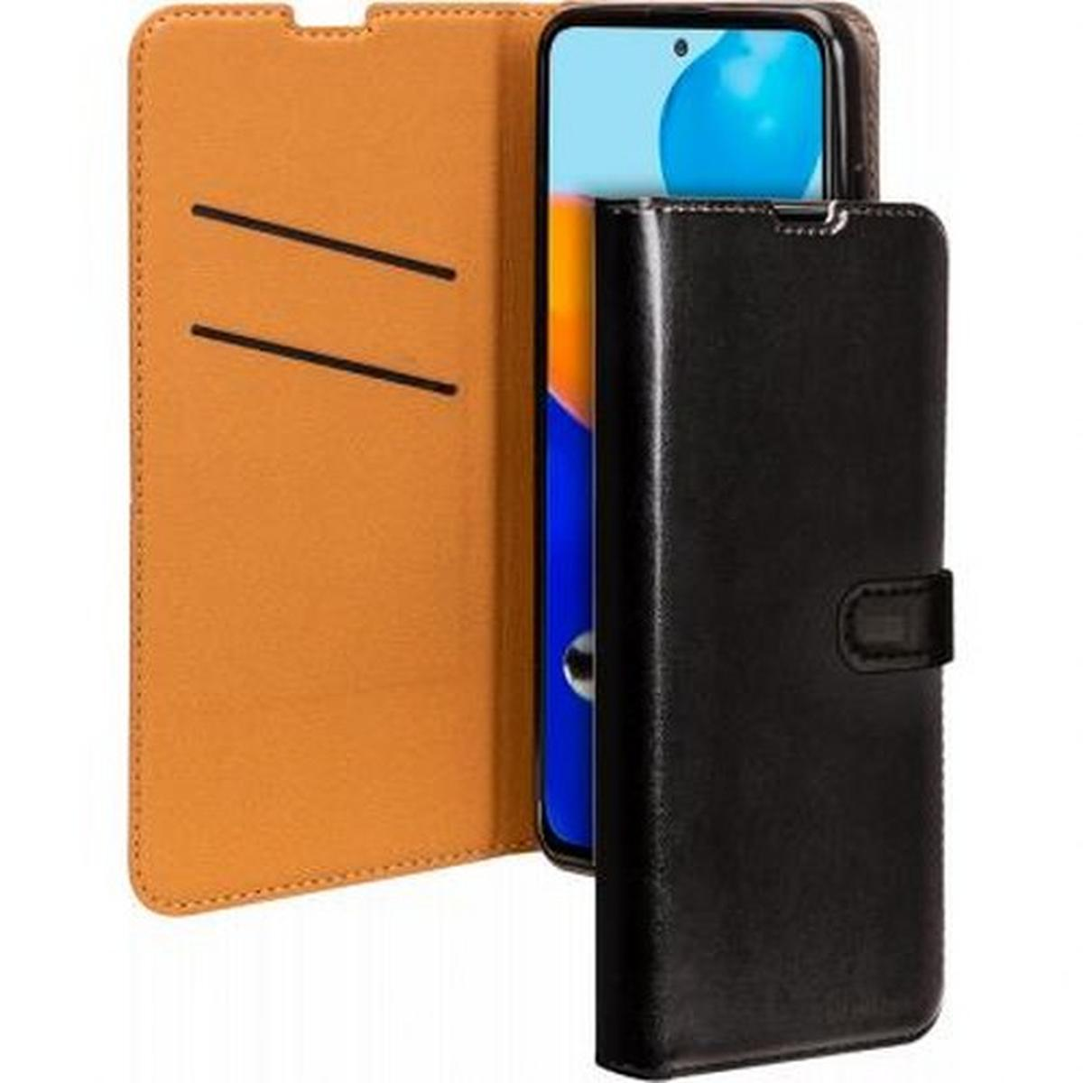 Custodia per telefono in pelle nera, aperta per rivelare un telefono con schermo visibile, uno slot per schede e due linee.