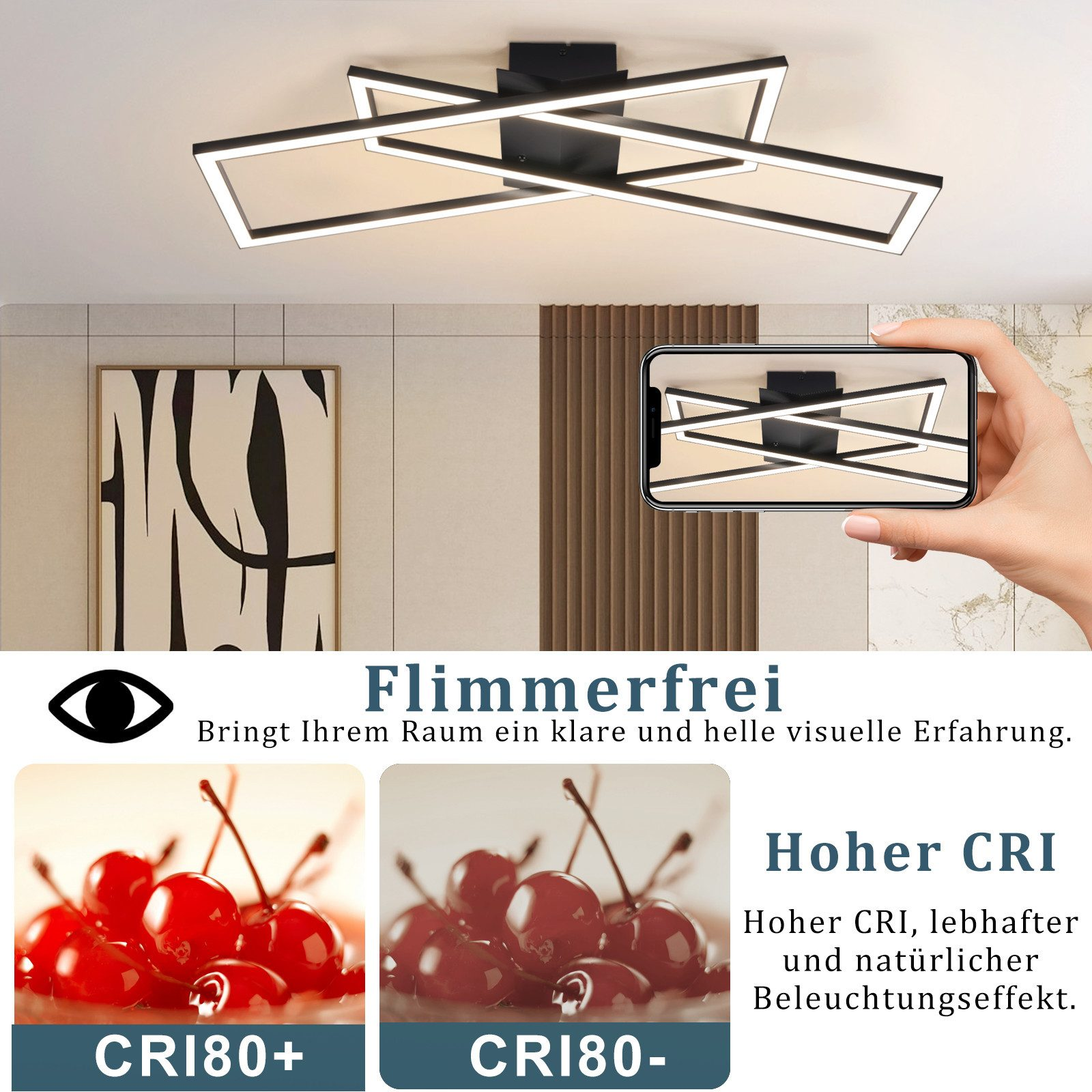 Moderne Deckenleuchte mit sich kreuzenden schwarzen Balken und integrierten LEDs, mit Kirschen im Vordergrund.