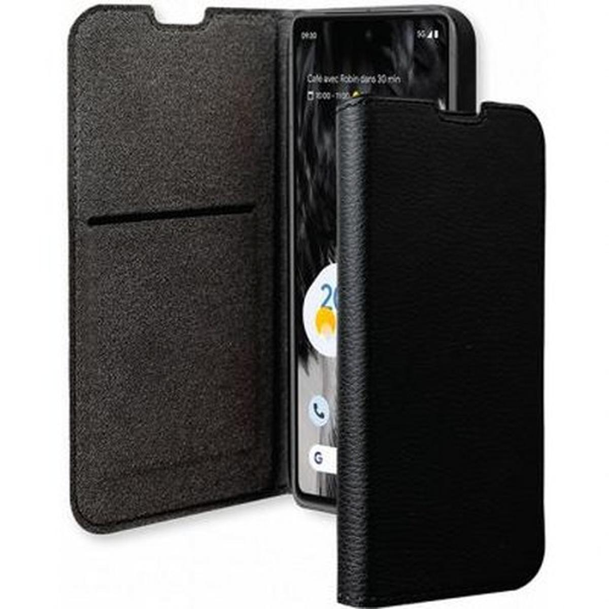 Custodia nera aperta, che mostra un telefono nero con testo sullo schermo, con tasca per carte. Copertura nera chiusa accanto.