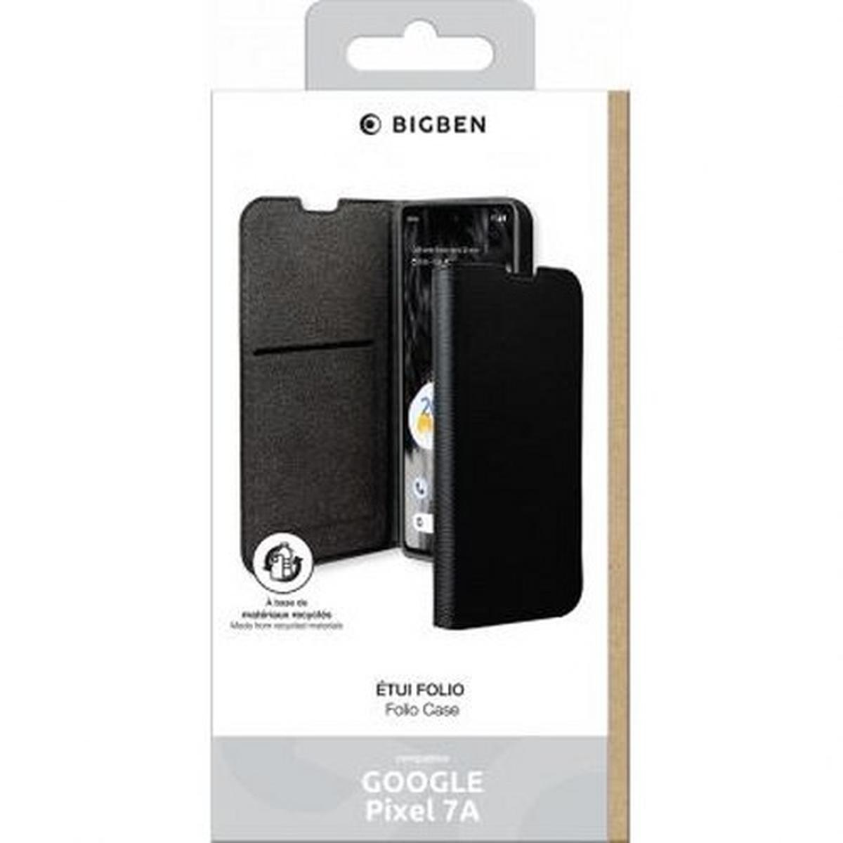 Una custodia folio nera per un telefono Google Pixel 7A, confezionata in una scatola bianca e marrone.