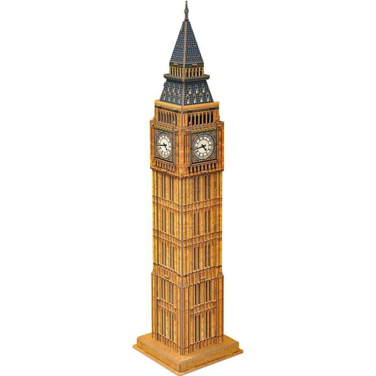 Torre dell'orologio del Big Ben. La torre è alta, con un orologio su ogni lato. Lo sfondo è bianco.