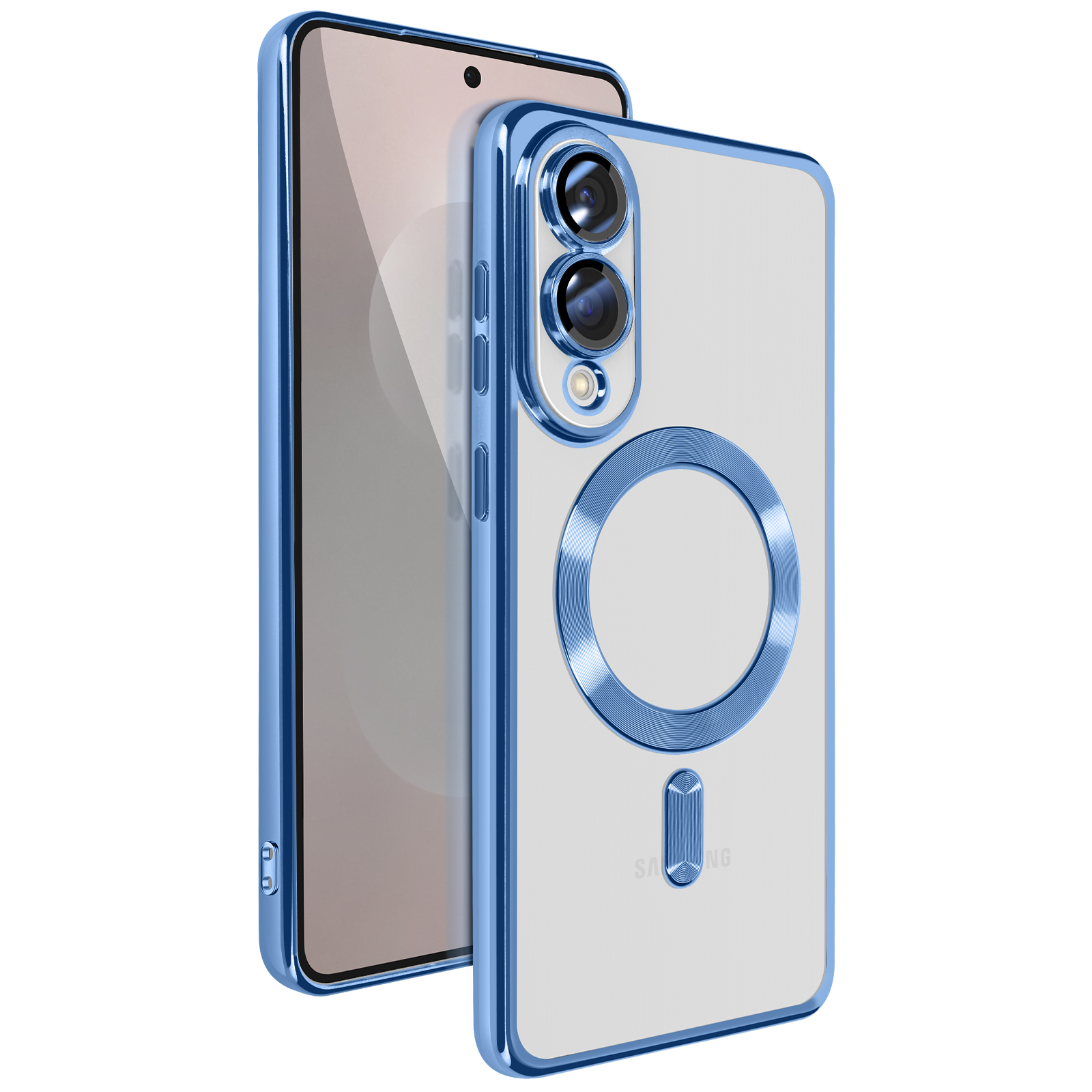 Una custodia blu per telefono con un telefono all'interno. La custodia ha un retro trasparente e bordi blu.