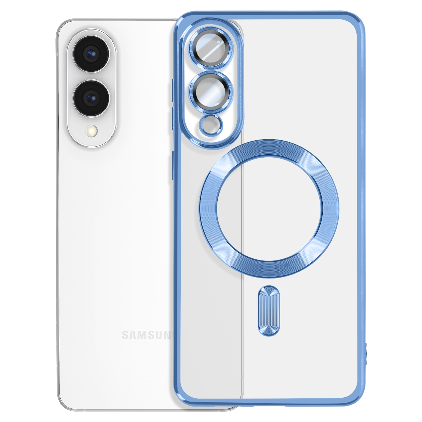 Una custodia per telefono con retro trasparente e bordi blu. Il telefono è bianco. La custodia ha un design circolare.