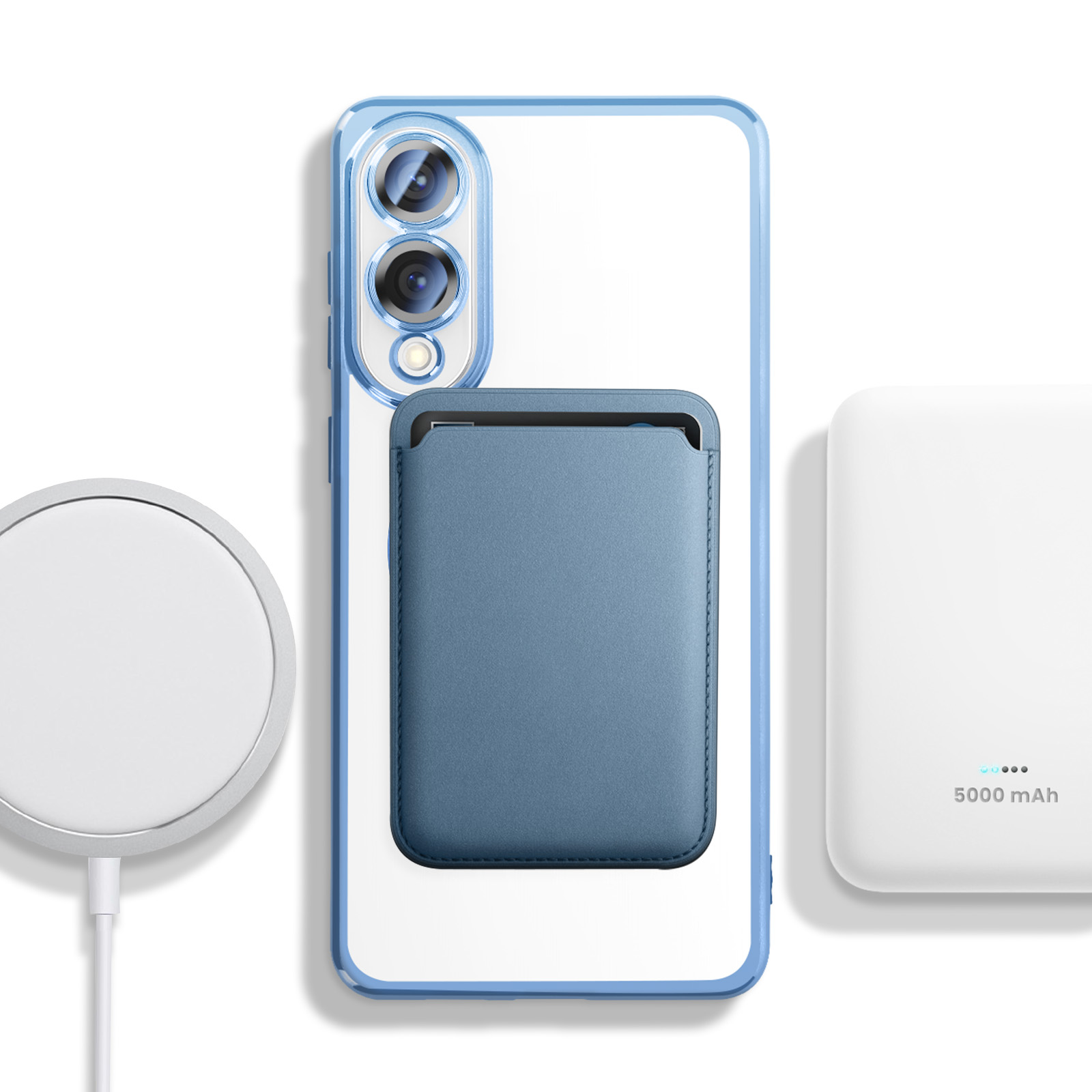 Una custodia per telefono con un accessorio portafoglio blu e un caricatore wireless e un altro dispositivo di ricarica.