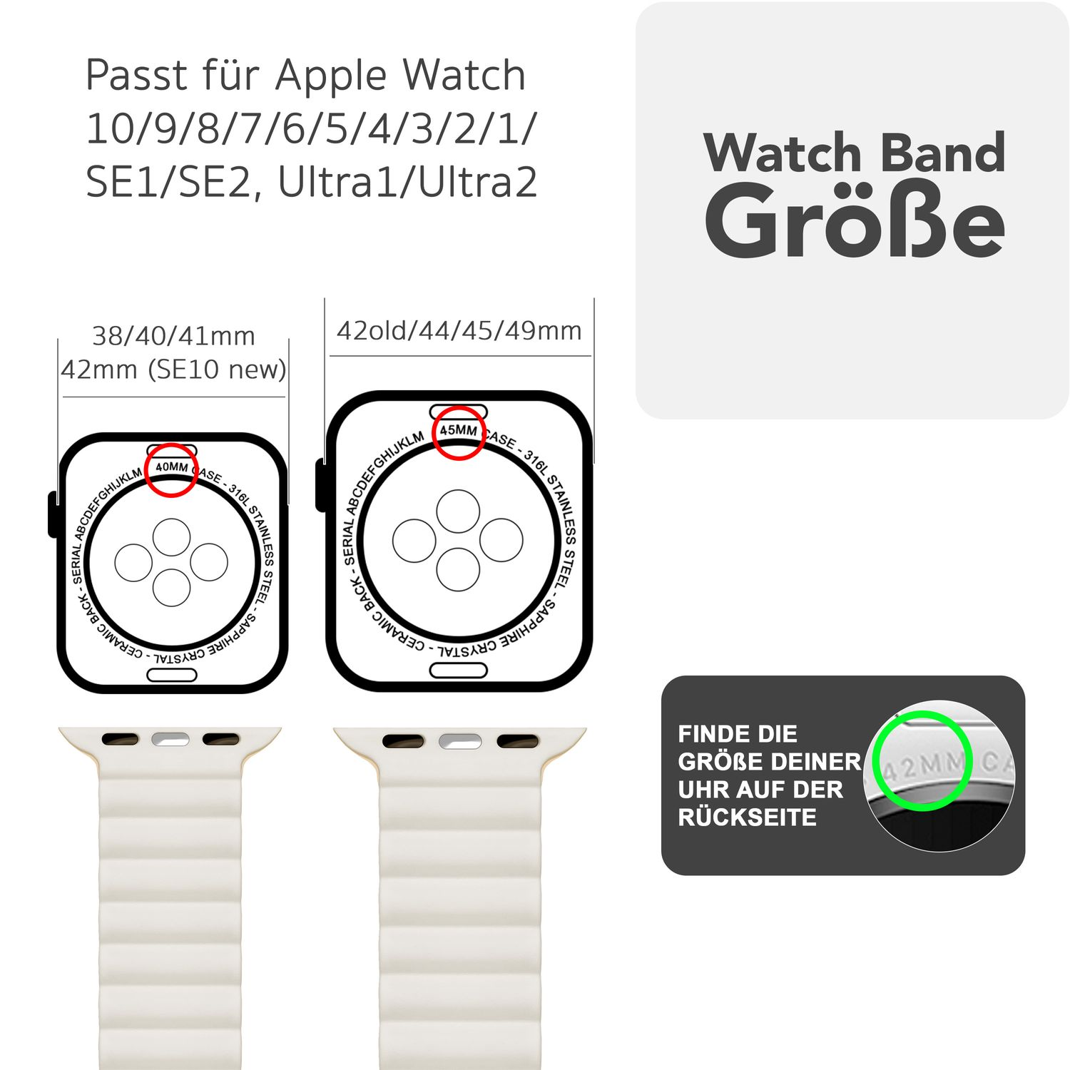 Diagramm mit Apple Watch-Größen und der richtigen Armbandgröße. Text sagt 'Watch Band Size'.