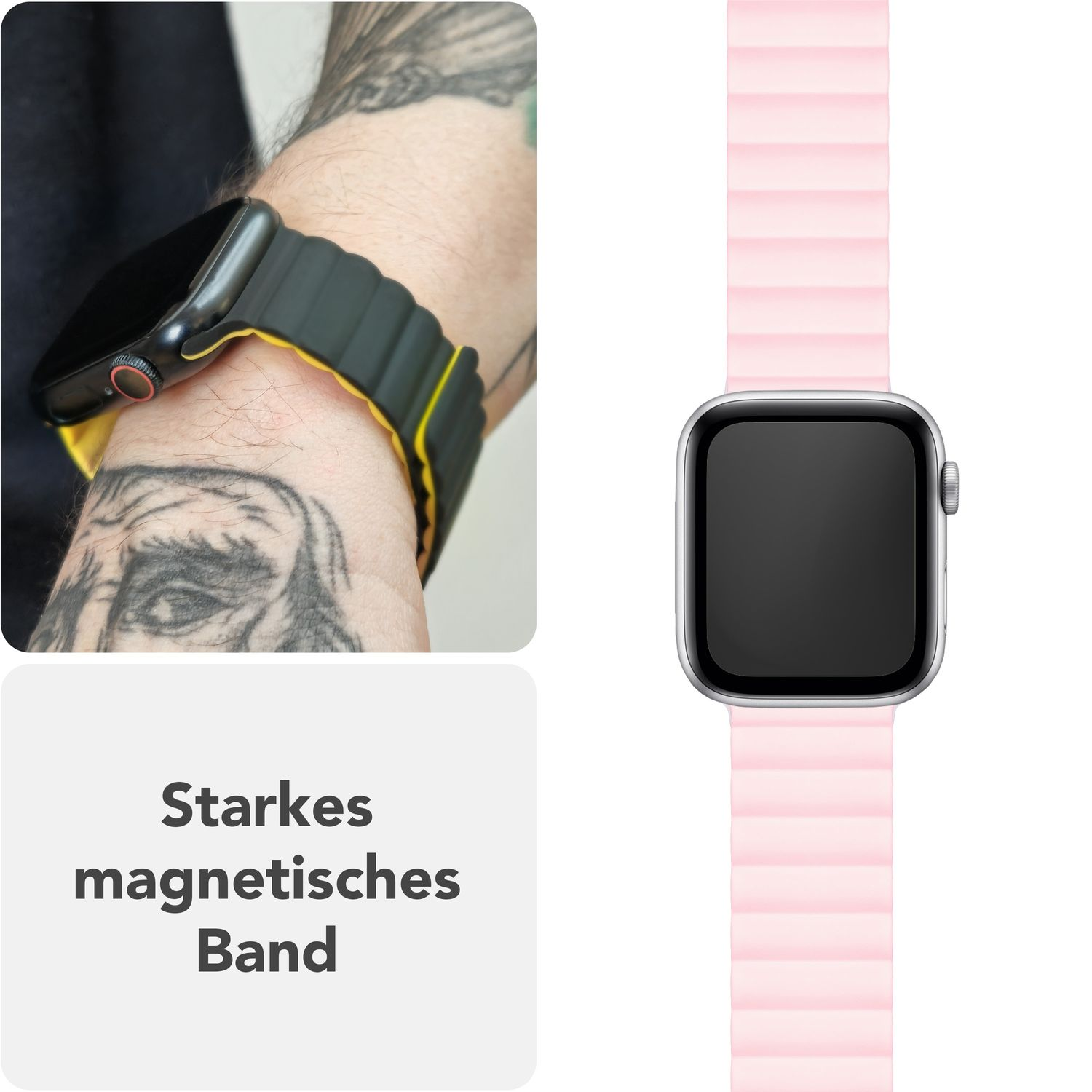 Ein Handgelenk mit einem schwarzen und gelben Armband. Daneben ein pinkes Armband. Der Text lautet: Starkes Magnetband.