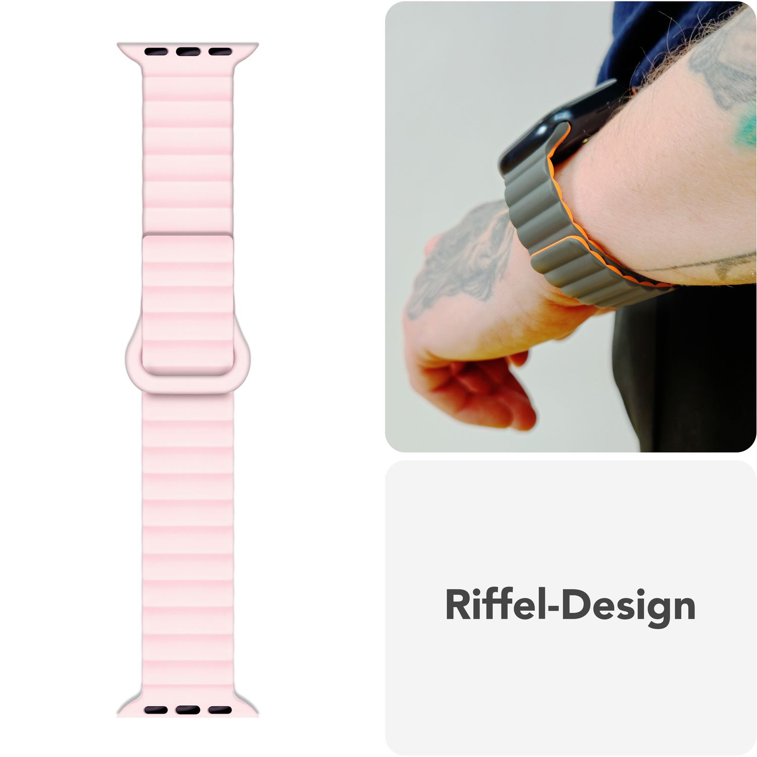 Rosa Uhrenarmband, mit Nahaufnahme des Bandes am Handgelenk.