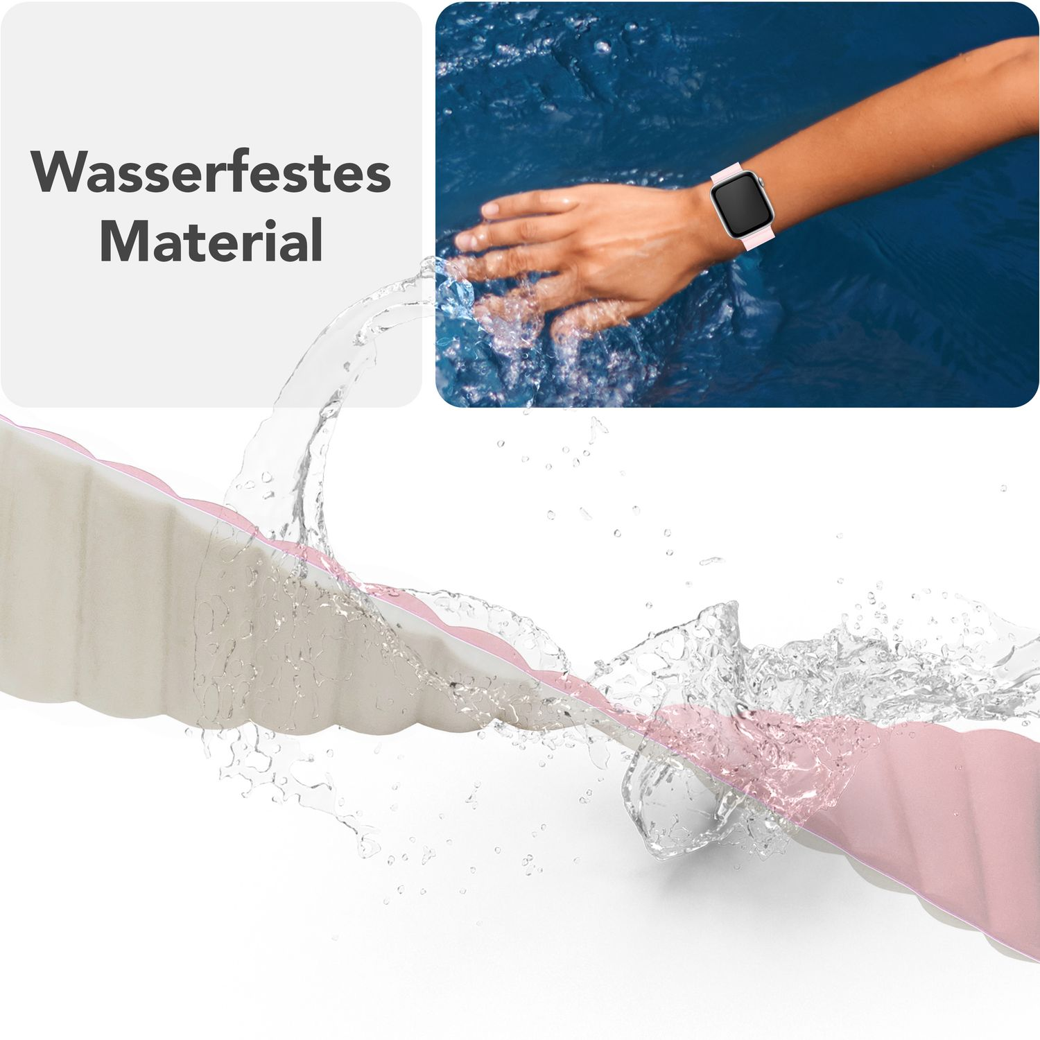 Das Handgelenk einer Person mit einem Uhrenarmband. Wasser wird auf das Uhrenarmband gespritzt. Der Text lautet: Wasserdichtes Material.