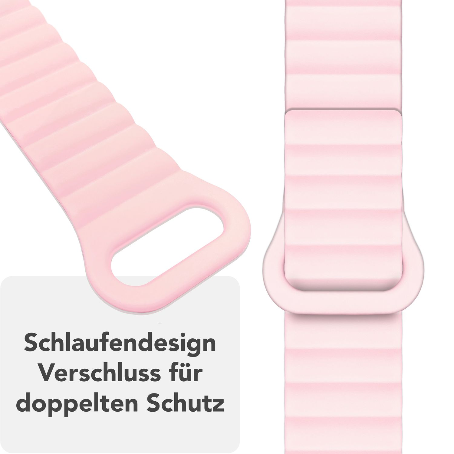 Ein pinkes Uhrenarmband wird gezeigt. Der Text lautet: Schlaufendesign mit doppeltem Schutz. Das Band ist pink und weiß.