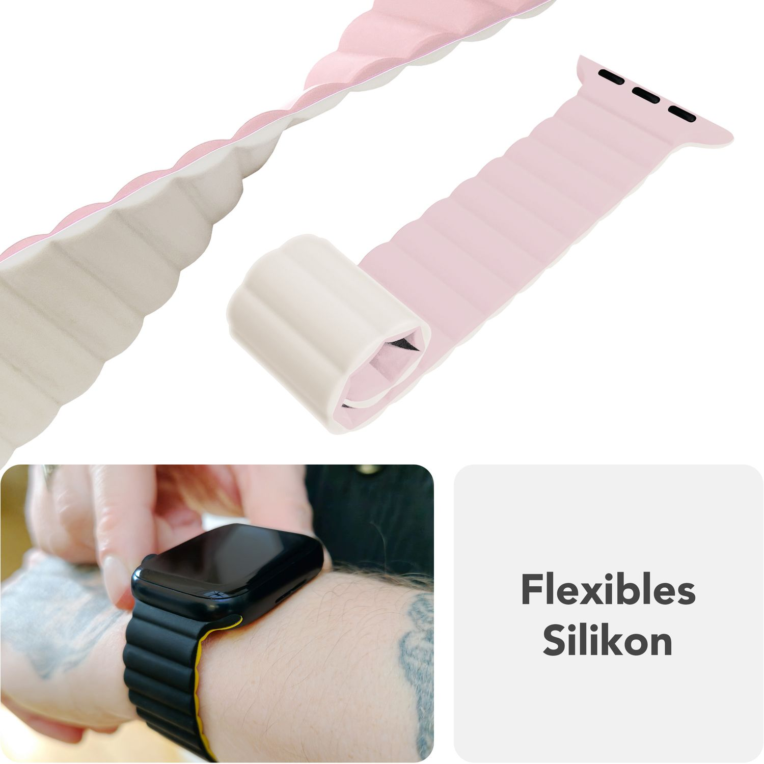 Rosa-weißes Uhrenarmband am Handgelenk. Das Band ist aus flexiblem Silikon. Eine schwarze Uhr ist am Handgelenk.