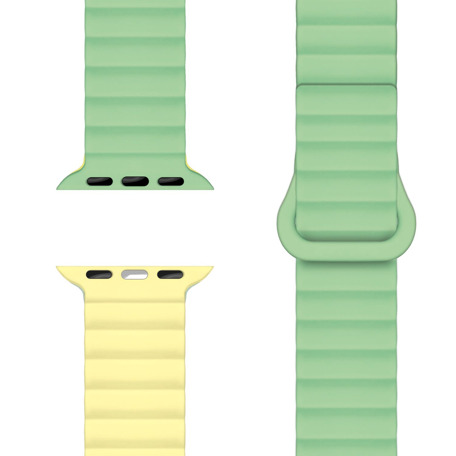 Zweifarbige Uhrenarmband in Grün und Gelb. Das Band zeigt seine Flexibilität mit dem Verschluss.