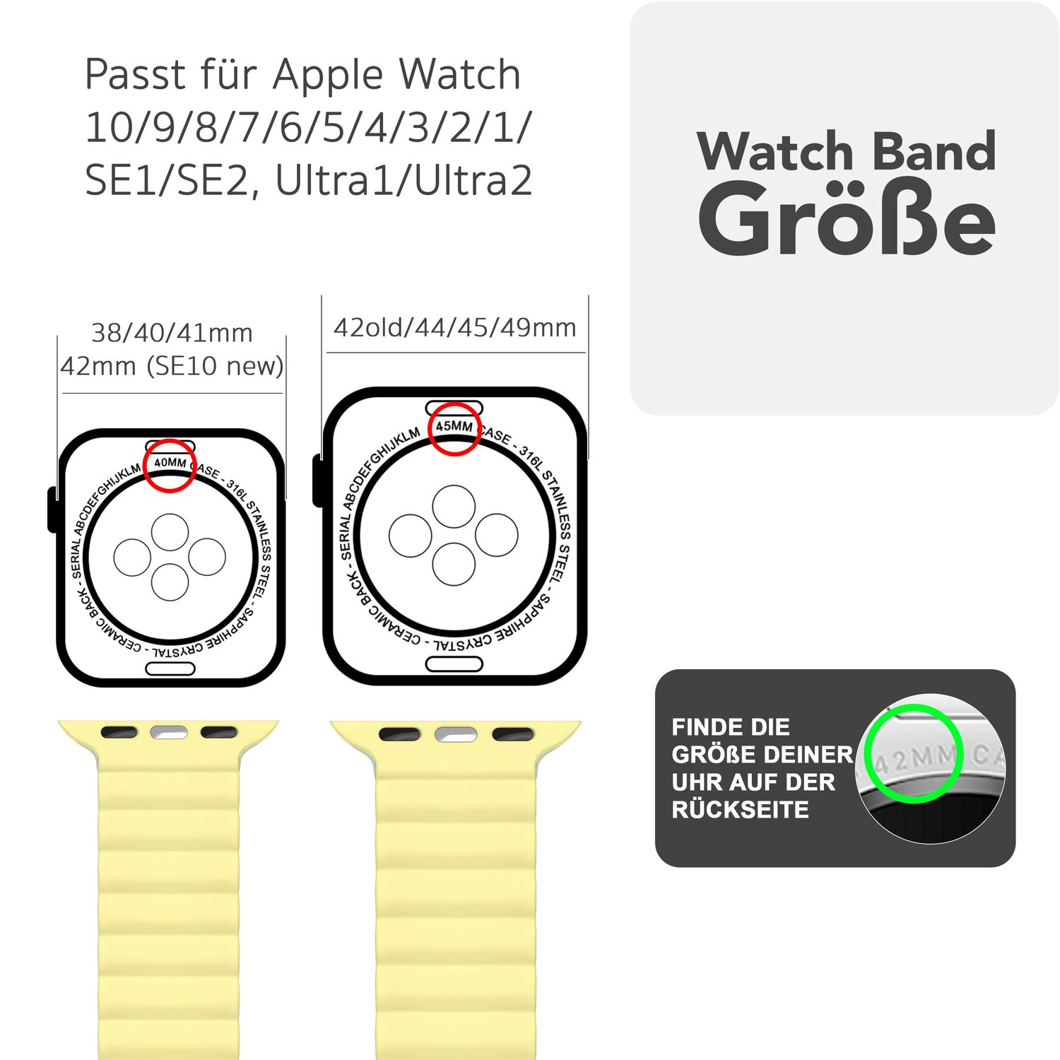 Ein gelbes Uhrenarmband und eine Uhr werden gezeigt. Der Text lautet: Passend für Apple Watch 10/9/8/7/6/5/4/3/2/1. Größenangabe gezeigt.
