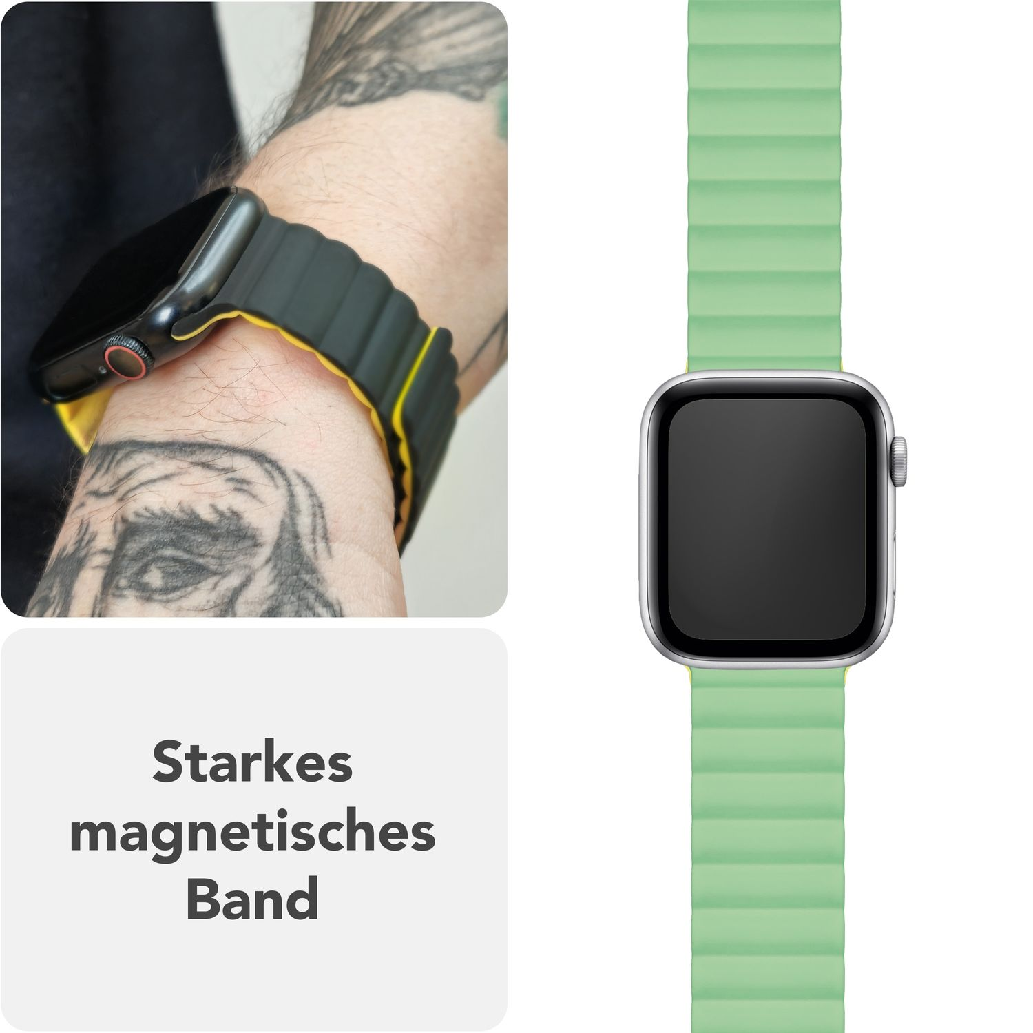 Handgelenk mit grünem Uhrenarmband. Das Band ist magnetisch und hat einen starken Halt. Schwarze Uhr.